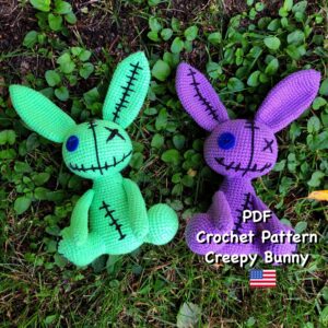 Creepy Bunny Crochet Pattern – Beginner-Friendly Amigurumi PDF Tutorial – Spooky Toy with Button Eye, Voodoo