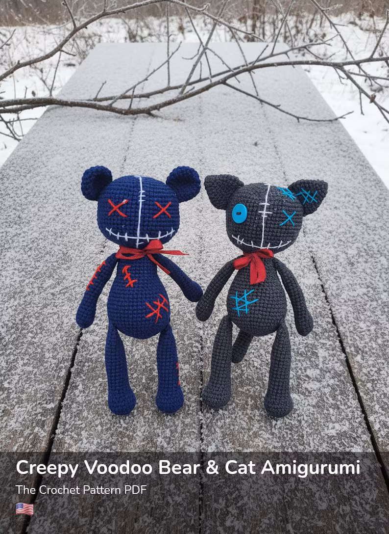 Creepy Voodoo Bear & Cat – Amigurumi Crochet Pattern PDF | Cute Gothic Dolls